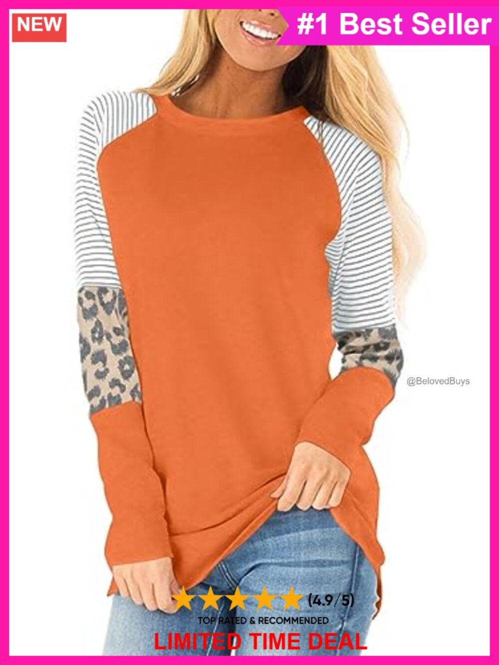 Long Sleeve Color Block Tunic Top Casual Loose Fit Pullover